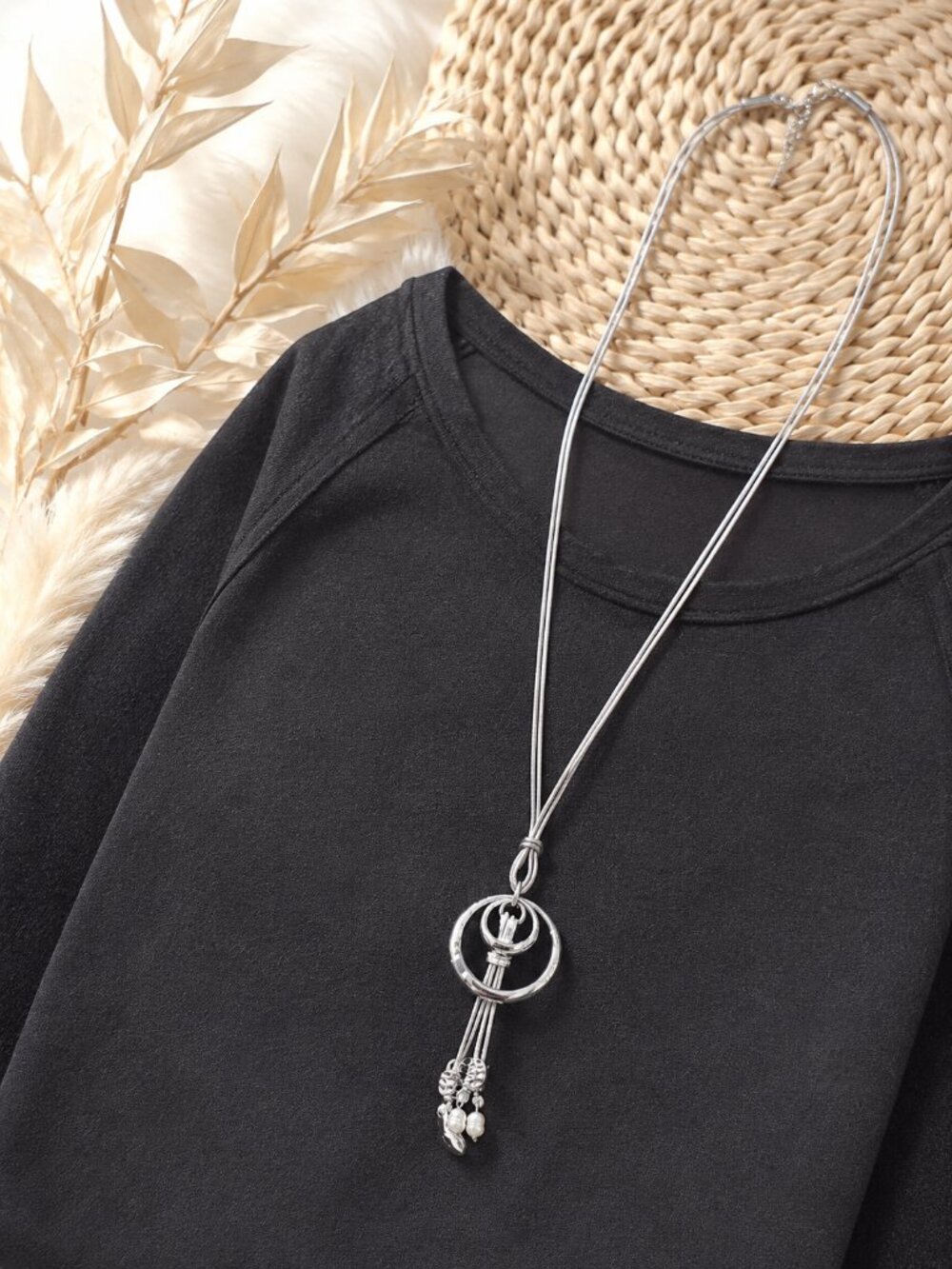 Silver Tone Statement Necklace Long Pendant Faux Pearl Boho